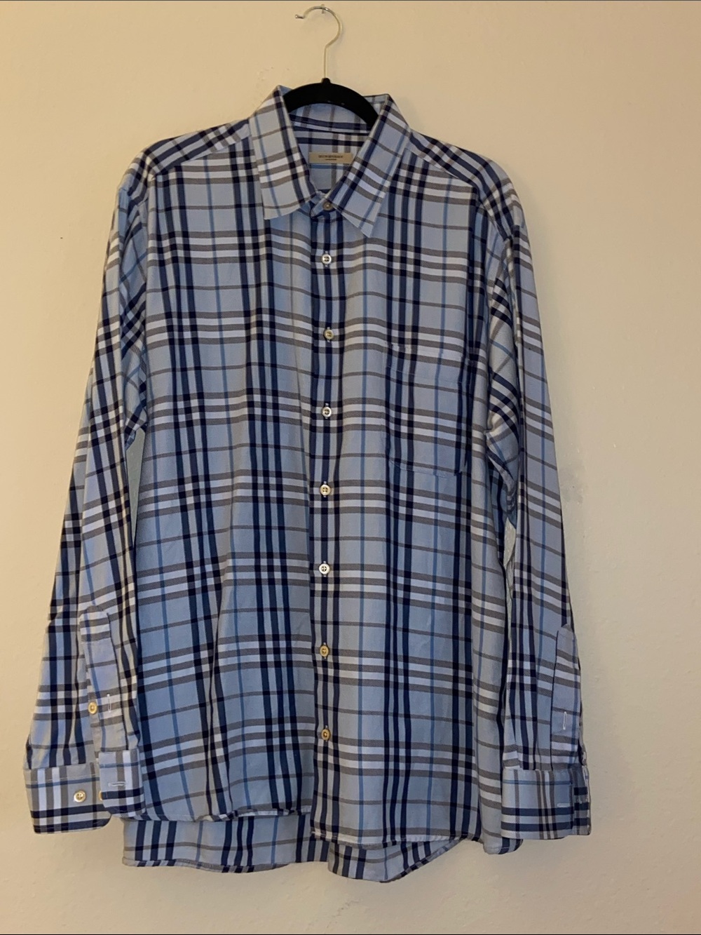 Burberry Check Cotton Button Down Shirt in Blue, Made in USA, Mens XL